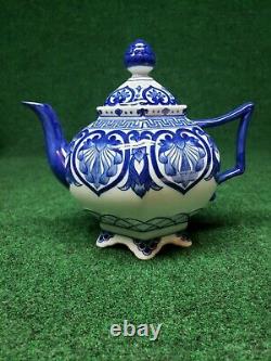 Bombay Adelaide Blue & White Asian Garden Floral Tea Pot & Set/4 Cup and Saucer