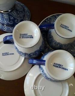 Bombay Company Blue & White Tea Set! Teapot, 4 Cups with Saucers Sugar & Creamer