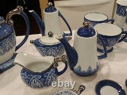Bombay tea, coffee set. 40 piece Blue and white, trimmed in platinum