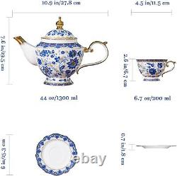 Bone China Tea SetTeapot9-Piece Blue White Porcelain Saucer Set Service Teapot