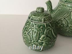 Bordallo Pinheiro Portugal Green Pottery Rabiits Teapot, Sugar Bowl, Creamer Set