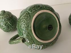 Bordallo Pinheiro Portugal Green Pottery Rabiits Teapot, Sugar Bowl, Creamer Set