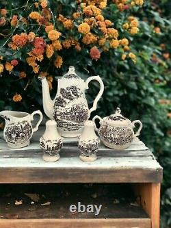 Brown Transferware Coffee Tea Set Staffordshire Royal Mail pattern