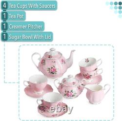 Btat- Floral Tea Set, Tea Cups (8Oz), Tea Pot (38Oz), Creamer and Sugar Set, Gif