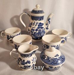 CHURCHILL BLUE WILLOW COFFEE TEA POT SET-4 CUPS & SUGAR BOWL With LID & CREAMER