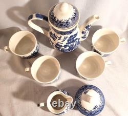 CHURCHILL BLUE WILLOW COFFEE TEA POT SET-4 CUPS & SUGAR BOWL With LID & CREAMER