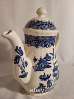 CHURCHILL BLUE WILLOW COFFEE TEA POT SET-4 CUPS & SUGAR BOWL With LID & CREAMER