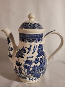 CHURCHILL BLUE WILLOW COFFEE TEA POT SET-4 CUPS & SUGAR BOWL With LID & CREAMER