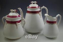 C. 1870 Haviland Old Wedding Band Teapot, Biscuit Jar Pitcher Set Rope Red Gold