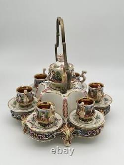 Capodimonte Porcelain Tea Set with Gold Accents and Hand-Painted Scenes