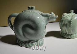 Celedon Pottery Dragon Carved Tea Pot Set Of 2 Different Sizes