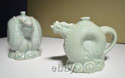 Celedon Pottery Dragon Carved Tea Pot Set Of 2 Different Sizes