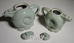 Celedon Pottery Dragon Carved Tea Pot Set Of 2 Different Sizes