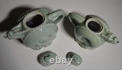 Celedon Pottery Dragon Carved Tea Pot Set Of 2 Different Sizes