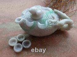 Certified Green Burma A Jade jadeite Display Lotus Flower Tea Pot Cup 526433 AS