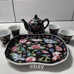 China Famille Noire Porcelain Tea Set Pot Cup Painted Floral Complete Set Mint