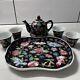 China Famille Noire Porcelain Tea Set Pot Cup Painted Floral Complete Set Mint