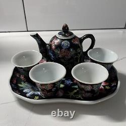 China Famille Noire Porcelain Tea Set Pot Cup Painted Floral Complete Set Mint