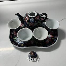 China Famille Noire Porcelain Tea Set Pot Cup Painted Floral Complete Set Mint