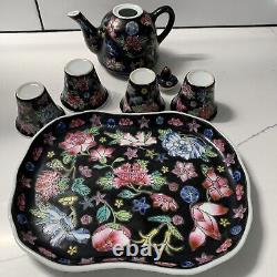 China Famille Noire Porcelain Tea Set Pot Cup Painted Floral Complete Set Mint