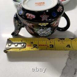 China Famille Noire Porcelain Tea Set Pot Cup Painted Floral Complete Set Mint