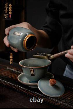 China dark blue Porcelain Pottery Carved Flower Teapot Tea Pot Set & Gift Box