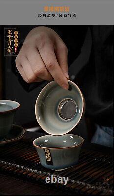 China dark blue Porcelain Pottery Carved Flower Teapot Tea Pot Set & Gift Box