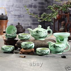 China kungfu tea set handpainted underglaze tea pot fish carved cups Teapot