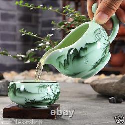 China kungfu tea set handpainted underglaze tea pot fish carved cups Teapot