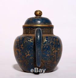 Chinese Antique Blue Glaze ZiSha Pottery Dragons Teapot Marked KangXi PT093