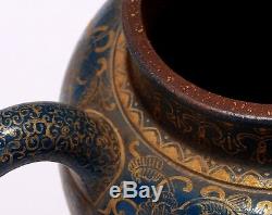Chinese Antique Blue Glaze ZiSha Pottery Dragons Teapot Marked KangXi PT093