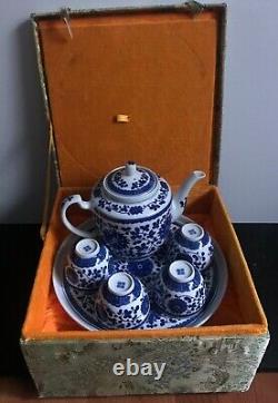 Chinese Blue & White Porcelain Tea Pot Cups set 6PC In Silk Box