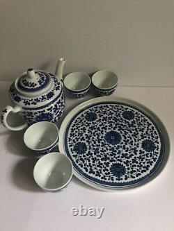 Chinese Blue & White Porcelain Tea Pot Cups set 6PC In Silk Box