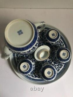 Chinese Blue & White Porcelain Tea Pot Cups set 6PC In Silk Box