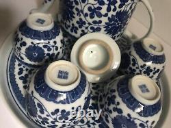 Chinese Blue & White Porcelain Tea Pot Cups set 6PC In Silk Box
