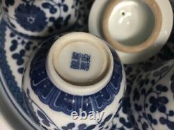 Chinese Blue & White Porcelain Tea Pot Cups set 6PC In Silk Box
