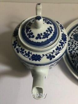 Chinese Blue & White Porcelain Tea Pot Cups set 6PC In Silk Box
