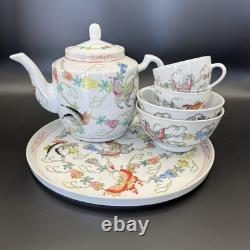 Chinese Butterfly Tea Set Hand painted Teapot/2 Teacups/2 Bowls/Plate