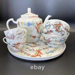 Chinese Butterfly Tea Set Hand painted Teapot/2 Teacups/2 Bowls/Plate