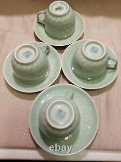 Chinese Celadon Goldfish Tea Set, 4pc Setting With Teapot, Creamer, Sugar Bowl