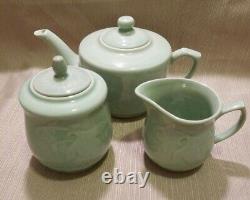 Chinese Celadon Goldfish Tea Set, 4pc Setting With Teapot, Creamer, Sugar Bowl