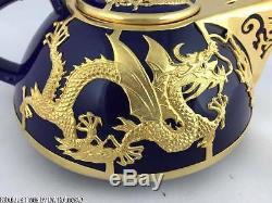 Chinese Dragon Gold Plated Tin Inlay Blue Porcelain Tea Set for 6 Jin Xiang Yu