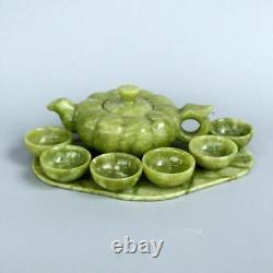 Chinese Green Jade Handwork Carved Teapot Cups Amp Pumpkin Shape Tea Pot Set