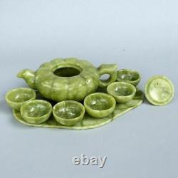 Chinese Green Jade Handwork Carved Teapot Cups Amp Pumpkin Shape Tea Pot Set