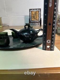 Chinese Handmade Natural Green Jade Tea Pot 4 Cups & Tray Set