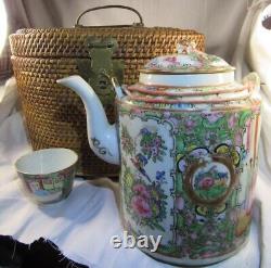 Chinese Mille Fleurs Tea Set In Wicker Basket