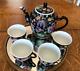 Chinese Millefleur Famille Noire Black Porcelain Enamel Teapot, 4 Cups And Tray