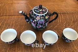 Chinese Millefleur Famille Noire Black Porcelain Enamel Teapot, 4 Cups and Tray