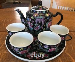 Chinese Millefleur Famille Noire Black Porcelain Enamel Teapot, 4 Cups and Tray