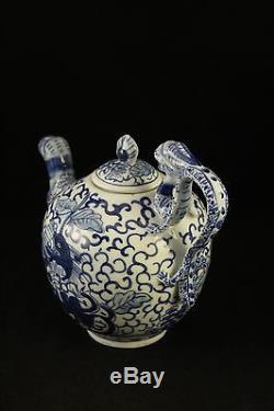 Chinese Qing Dynasty Porcelain Teapot Blue & White Figural Dragons Flower Signed